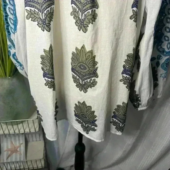 Talbots Women’s 1X Blouse Blue Imari Floral Medallion 3/4 Sleeve Crochet Accents - Picture 10 of 13